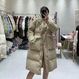 Fashion Waist Hooded Long Down Jacket Female 2024 Winter New Show Thin Three Plate Buckle Warm Coat-Outfit
