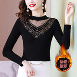 Toloer Photo # Autumn / Winter Long Sleeve And Velvet Top Women's High-End T-Shirt With A Versatile Lace Bottom Shirt-Outfit