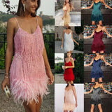 Summer New Fashion Tannegous Leash Feather Splicing Dress Color Dress Dress Direct