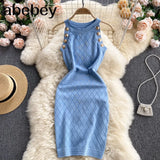 Button Details Sleeveless Knitted Bodycon Dress Women Summer Elegant Stretchy Dress Vintage Solid