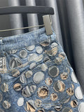 Women's Denim Skirt High Waist Circular Sequin Patchwork Wrap Hip Blue Short Miniskirts 2024 Summer New Fashion 29L4143-Outfit