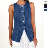 Retro Fashion Round-Neck Sleeveless Roll-Back Jacket Vest