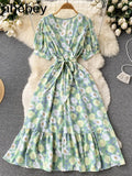 2022 Vintage Floral Print V Neck Bandage Dress Summer Midi Long Party Women High Waist Vestido De Festa Elegant