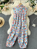 Vintage Print Jumpsuits Autumn Turn Down Collar Sleeveless Rompers Korean Chic Streetwear Wide Leg
