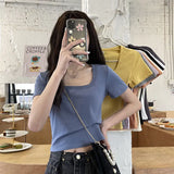 Toloer Short T-Shirt Female Solid Color 2024 New High Waist Slim Show Thin Hot Girl All-Match Short-Sleeved Square Collar Top