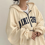 Vintage Letter Print Pullover Zipper Hoodie-Outfit