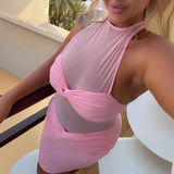 Summer Women's Screen Splicing Sexy Hanging Neck Sleeveless Lace Tight-Up Hip Dress