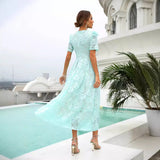 New Dress Spring Lace Mid-Swear Temper Commuting High-Waisted Green V-Neck