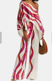 Set Chic Print Lantern Sleeve Two Piece Sets Satin Top Wide Leg Pant Suit Women Off Shoulder Long Sleeve Office Lady Outfit-Outfit