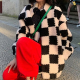 Women Faux Fur Teddy Basic Jackets Plaid Checkerboard Outerwear Coats Female Overcoat Winter Coat Womens Fashion