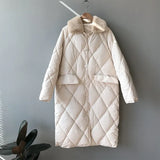Fashion Argyle Fur Collar Long Parka Winter Down Jacket Women Single Breasted Casual Warm Oversize