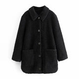 2021 Autumn Spring Casual Solid Lamb Fur Coat Women Long Sleeve Lady Fashion Pocket Jacket Turn Down Collar Teddy