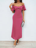 New Women's Temperament Solid Color Peach Heart Temperament Short-Sleeved Long Dress Dress