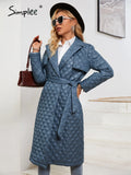 Simplee Vintage za lace up lapel puffer jacket women winter Office lady rhombus pattern straight parka Fashion long quilted