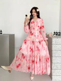 Dress Women 2025 New High-End Sense V-Neck Pearl Buckle Lantern Sleeves Wide Swing Print Long