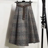 Vintage Designer Long Skirt Women Y2k Knee Length Tartan Plaid Maxi Skirts Casual Fashion Elegant High Waist A-line