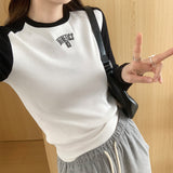 Slim Long-Sleeved T-Shirt Women's Early Autumn New Style Embroidered T-Shirt With Round Neck Blouse-Outfit
