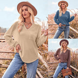 Toloer / Winter Fashion Women's Wear 2024 New Solid Color V-Neck Casual Slim Long Sleeve With Pocket Top-Outfit