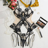 Black Lace Design Sheer Lock Lingerie Set-Outfit
