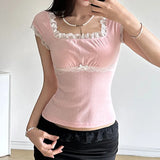 Sweet Lace Lace Stitching Square Collar Slim, Striking Color Short-Sleeved T-Shirt, Girl's Knitted Blouse-Outfit