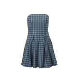 Toloer New Women's Retro Grid Sexy Chest Outside A Word Collar Show Thin Dress Woman-Outfit