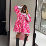 Toloer Spring New Dress Fashion Long Sleeve High Waist Print A-Line Skirt Doll Collar Fluffy Skirt-Outfit