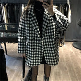 Winter Thick Vintage Houndstooth Woolen Coat Women Korean Loose Double Breasted Suit Jacket Elegant Warm Quilted