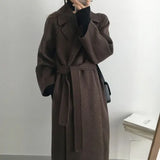 Autumn Winter Women Long Woolen Coat with Belt Long Sleeve Turn Down Collar Warm Vintage Manteau Femme Casual Ladies