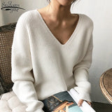 winter women's jacket pullover women's knitted bottoming sweater V-neck loose simple irregular hem sweater