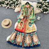 Printed Dress Woman 2025 Spring Strap To Cover Collar Long Sleeve Single Row Buckle Folding