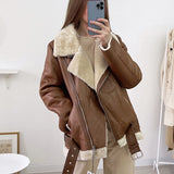 Warm Women Faux Fur Jacket 2021Winter Casual Streetwear Leather Buckle Solid Comfortable Fashion Loose Female Thick