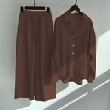 Linen Shirts Wide Leg Elastic Waist Pants Women Casual Sets Elegant Loose Long Sleeve Lapel 2023 Autumn Shirt Y2k Suit-Outfit