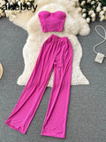 Women Solid Sexy Two Pieces Sets Summer Strapless Slim Camisole + Wide Leg Long Pants Sets Streetwear Two Piece