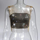 Toloer Nightclub Dresses Fishnet Hollow Out Rhinestone Vest Mesh Flash Diamond Sling Top