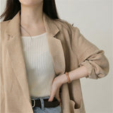 2021 Spring Summer Women's Blazer V-Neck Full Sleeve Pockets Khaki Cotton Linen Jacket Female Casual Outer Wear