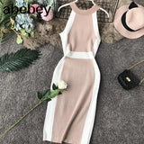Casual Women Dress Knitted O Neck Sleeveless White Stripe Side Elegant Midi Dresses Bodycon Female