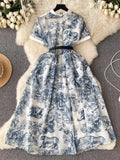 Court Style High-End Short-Sleeved Printed Dress Woman Waist Design Minority Chic Super Immortal Temperament Long Dress-Outfit