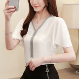 Toloer Shirt Women's Short Sleeve Shirt 8678 Spring / Summer New V Collar Fashion Chiffon Shirt Loose Joker Style Small Shirt-Outfit