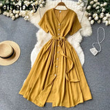 Vacation Chiffon Dresses For Women 2022 Pleated Long Dress Solid Color Temperament V-neck Maxi Bohemia Dress Robe