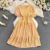Summer Korean Version Of Gentle Temperament V-Collar Bubble Sleeves Waist A Large Pendulum Broken Flower Dress Elegant Dress-Outfit