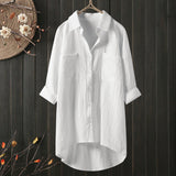 Women's Clothing 2025 Spring And Autumn Casual Style Pure Shirt Women Loose Cotton T-Shirt Double Pocket Long-Sleeved