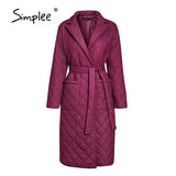 Simplee Cotton padded long winter coat female Casual pocket sash women parkas High street tailored collar stylish overcoat