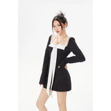 Sweet Style Long Sleeve 3D Bow Decoration Mini Dresses 2024 Spring Women Elegant Square Collar A-Line Loose Fit Dress-Outfit