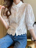 Han Queen Summer Blusas Basic Office Lady Blusas Vintage Lace Tops Elegant Chiffon Blouse Women Loose Hollow Out Casual Shirts-Outfit