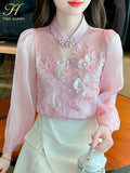 Han Queen Simple Autumn Blusas Elegant Bead Embroidery Blouses Womens Korean Loose Casual Vintage Shirts OL Office Work Tops-Outfit