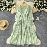 Retro Design Collar Lotus Side Splicing Single Buckle Horn Lace Lace Waist Dress
