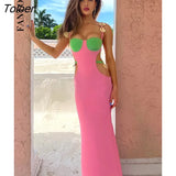 Spaghetti Strap Metal Shell Maxi Dress Women Sexy Sleeveless High Waist Hollow Out Patchwork Side Split Dresses