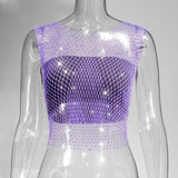 Toloer Nightclub Dresses Fishnet Hollow Out Rhinestone Vest Mesh Flash Diamond Sling Top