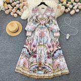 Court Style Retro Print Temperament V Collar Bubble Sleeve Long Dress High-End Niche Dress