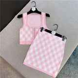 Pink Knit Plaid Skirt 2 Piece Sets For Women 2022 Summer Sexy U-Collar Crop Camisole Tops+Bodycon Mini Skirt Suits